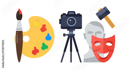 A collection of diverse art and creative tools including a paintbrush, palette, camera, sculpture, theatrical mask, and hammer.