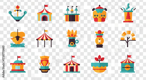 Collection of colorful circus and carnival themed icons on transparent background.
