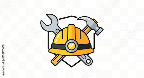 Illustration of a yellow construction helmet with a wrench, hammer, and badge.