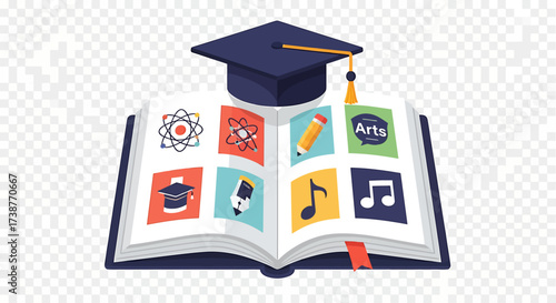 Open book with various subject icons and a graduation cap symbolizing education and diverse academic learning.