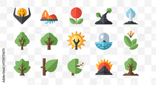 Collection of various colorful flat design icons representing nature, plants, and natural elements.