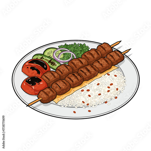 Flat Design Turkish Kebabs with Rice Plate, Vector Illustration with Bold Outlines, Isolated on White Background