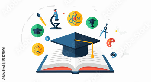 Illustration depicting education, knowledge, and academic pursuits, featuring a graduation cap and open book.