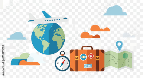 Travel themed illustration with airplane, globe, suitcase, compass, and map.