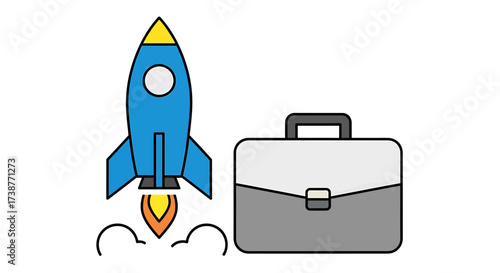 A blue rocket launching next to a gray briefcase, symbolizing business growth and startup success.