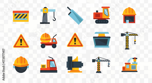 Illustration of construction site elements, including crane, truck, helmet, warning sign, and factory.