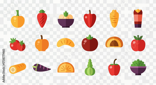 A flat vector illustration of various fruits and vegetables on a transparent background.
