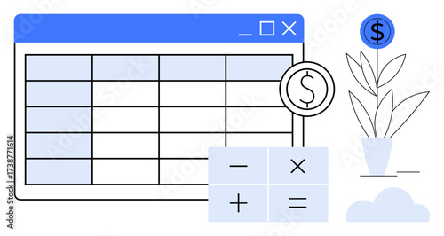 Spreadsheet interface with financial symbols, calculator for calculations, and a money plant. Ideal for finance, accounting, budgeting, business planning, data analysis, investment management income