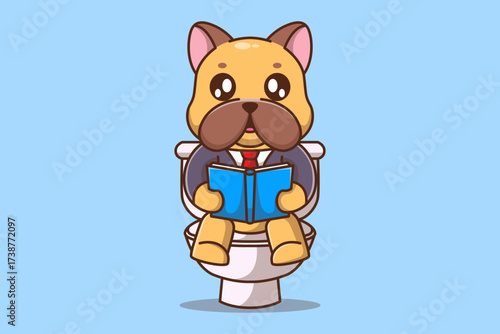 Cute cartoon dog in a suit reading a book on a toilet