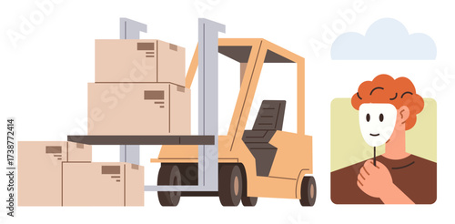 Forklift loaded with boxes, person holding mask symbolizing identity. Ideal for logistics, identity, mystery, shipping, self-expression, metaphors and productivity concepts. Simple flat metaphor