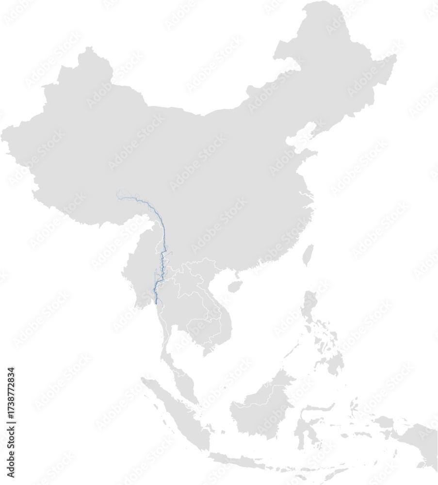 Obraz premium Salween river system – rivers vector map of Southeast Asia highlighting main stem and primary tributaries (Web Mercator, scaled by river size, PPT-compatible, multi-layered & fully editable)