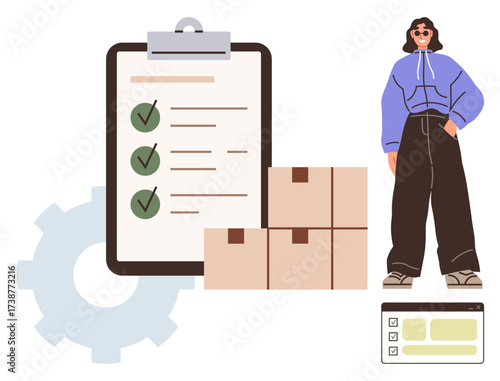 Gear, checklist with checkmarks, cardboard boxes, and a confident woman standing near a digital interface. Ideal for logistics, planning, workflow, supply chain, organization e-commerce