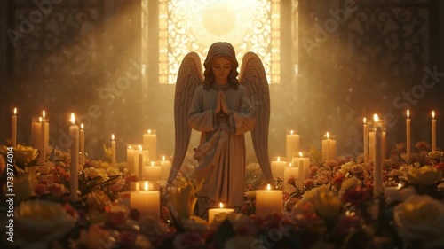 Serene Angel Statue Amidst Candles and Flowers, Glowing Light