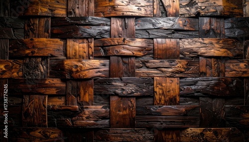 Rustic Woven Wood Wall Texture with Warm Tones and Shadows.
