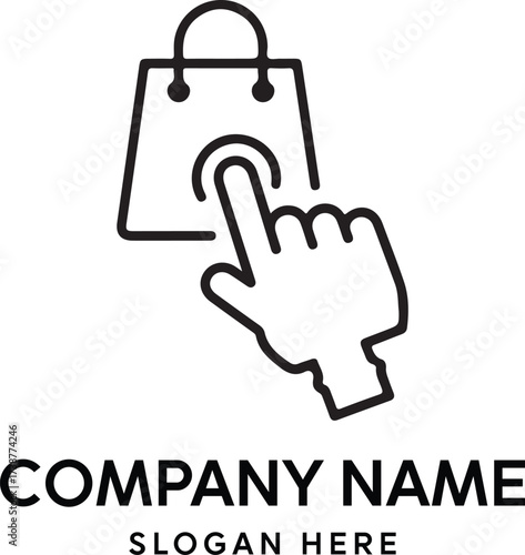 A clean outline icon depicting a hand's index finger tapping on a shopping bag, symbolizing a seamless one-touch purchase, instant mobile shopping, and simplified click-to-buy e-commerce