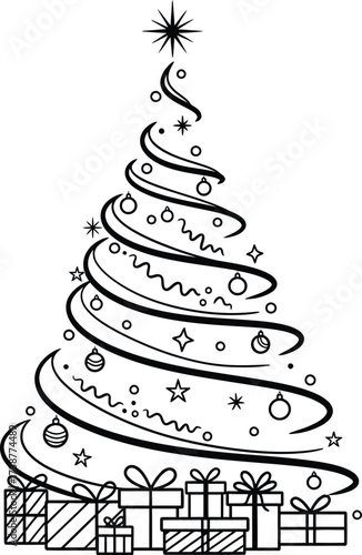 Stylized black and white line art Christmas tree with ornaments and gifts Keywords: Christmas, tree, holiday, festive, decoration, ornament, gift, present, star, swirl, ribbon, circle, outline