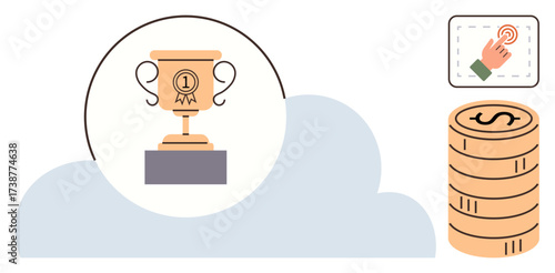 Trophy atop a pedestal, touch button symbol, stacked coins. Ideal for concepts of success, achievement, reward, earning, goal accomplishment recognition and growth. Simple flat metaphor