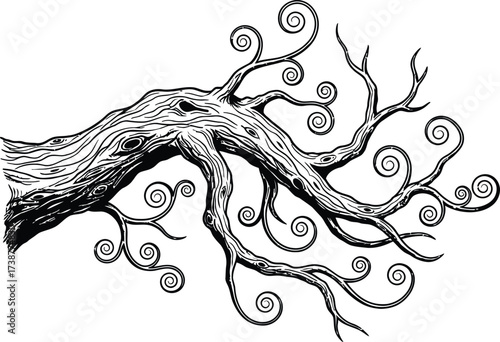 Black and white stylized tree branch with swirling tendrils and textured bark wood