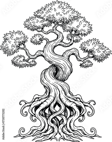 Black and white outline drawing of a large, twisted tree with elaborate roots and foliage Keywords: tree, outline, drawing, black and white, twisted, roots, elaborate, foliage, leaves, branches