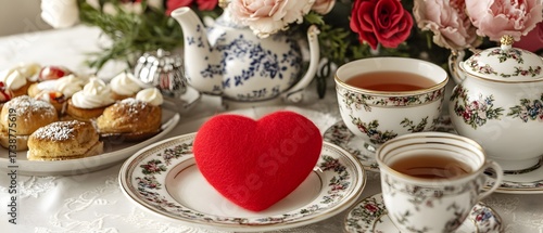 Elegant Valentine's Day tea party with heart decoration and sweet scones