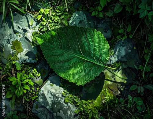 Sunlit Leaf on Rocks A Glimpse of Natures Beauty.