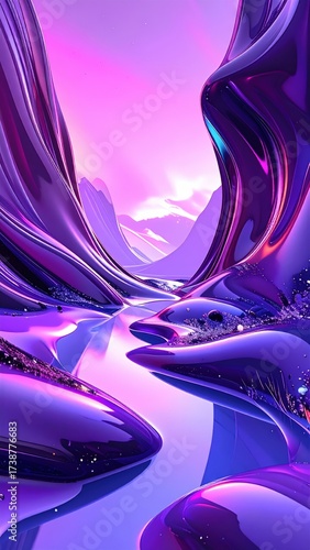 Surreal Purple Landscape with Metallic Structures and Dreamy Sky.