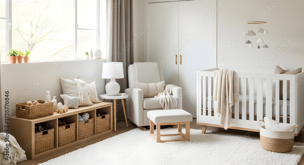 Fototapeta premium Cozy and Comfortable Baby Nursery Interior Design with Neutral Tones and Natural Light