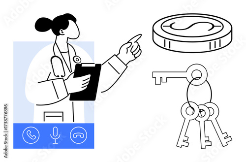 Medical professional holding clipboard and pointing at coin and keys, alongside virtual call interface. Ideal for healthcare, finance, security, telemedicine, remote consultation, digital access
