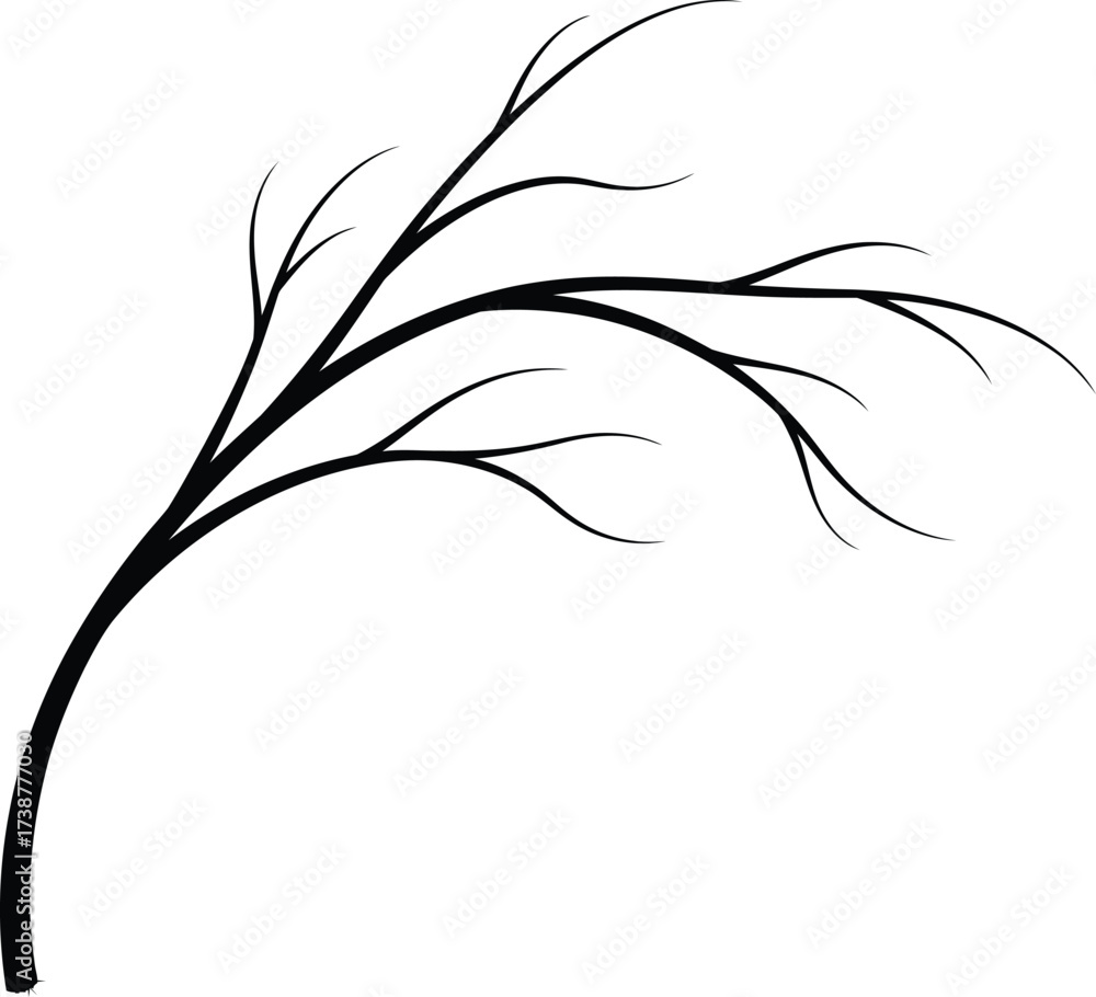 Fototapeta premium Black Silhouette of a Bare Tree Branch with Multiple Twigs on White Background vector illustration