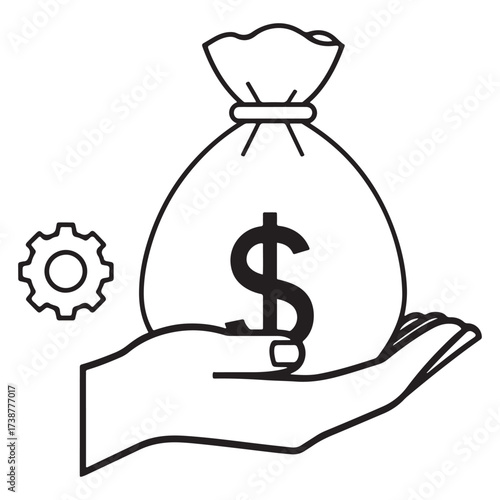 Hand holding a money bag with a dollar sign next to a gear representing financial operations and services