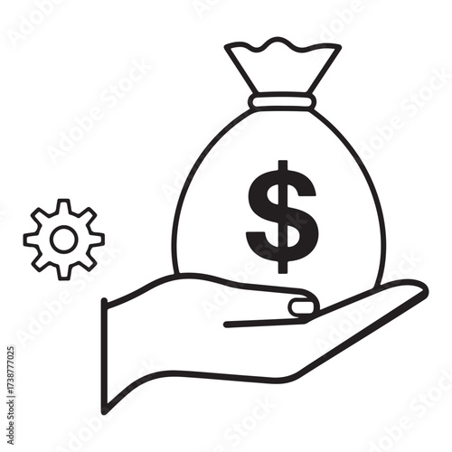 Hand holding a money bag with a dollar sign next to a gear icon representing financial success and business operations