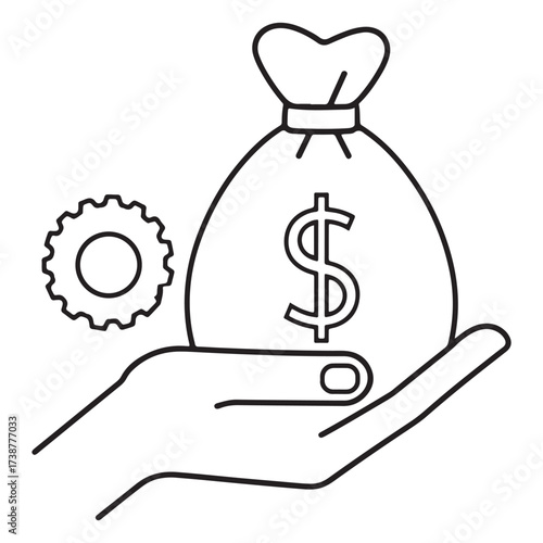 Hand offering a bag of money and a gear symbolizing financial investment and business growth opportunities