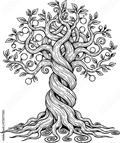 Intricate Twisted Tree of Life with Fruit and Swirling Roots in Black and White Line Art branches leaves