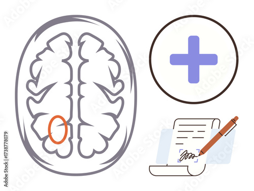 Brain scan with marked area, medical cross, and signed document. Ideal for medicine, neurology, healthcare, research, agreements decision-making and legal authorization. Clean flat metaphor