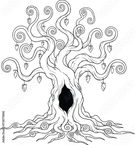 Whimsical stylized tree with swirling branches and a dark hollow trunk vector illustration