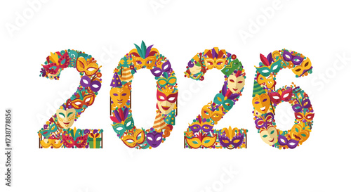 Mardi Gras 2026 Celebration Design with Colorful Masks and Festive Decoration