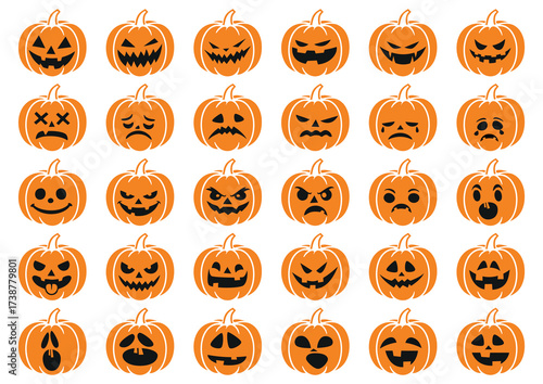 Vector Collection of Halloween pumpkins in orange color with carved faces. Different emotions such as scary, funny, 
 sad, and creepy. Decorative icons for party design, posters, invitations, etc.
