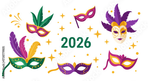 Colorful Mardi Gras Masks and Year 2026 Festive Illustration