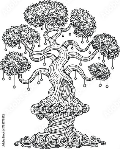 Whimsical Twisted Tree with Swirling Roots and Hanging Ornaments Black and White Line Art Keywords: tree, whimsical, fantasy, magical, twisted, swirling, roots, branches, leaves, ornaments