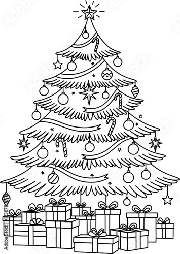 Christmas Tree with Presents and Ornaments Outline Drawing vector illustration