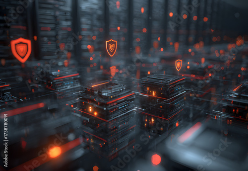 A futuristic digital landscape featuring interconnected structures with glowing elements, representing advanced technology and data security.