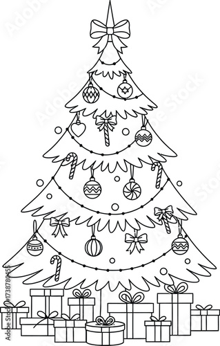 Drawn Christmas Tree Decorated with Ornaments and Gifts vector illustration