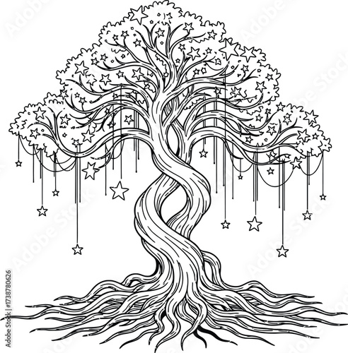 Whimsical Black and White Illustration of a Twisted Tree with Stars and Hanging Ornaments Keywords: tree, twisted, roots, branches, stars, hanging, ornaments, whimsical, fantasy, magical, nature