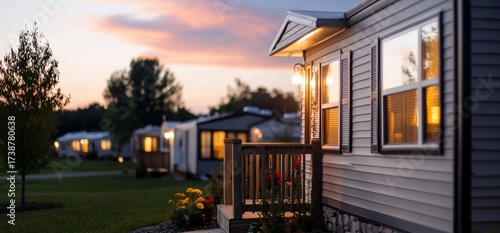 Mobile home park sunset; cozy evening