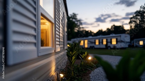 Mobile home park sunset, exterior lighting, landscaping