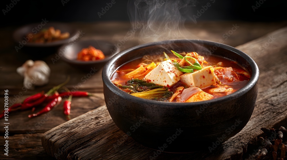 Fototapeta premium A steaming bowl of savory stew features tofu and greens in a rich red broth, with sliced scallions for garnish, presented on a weathered wooden table with various side dishes and chili peppers.