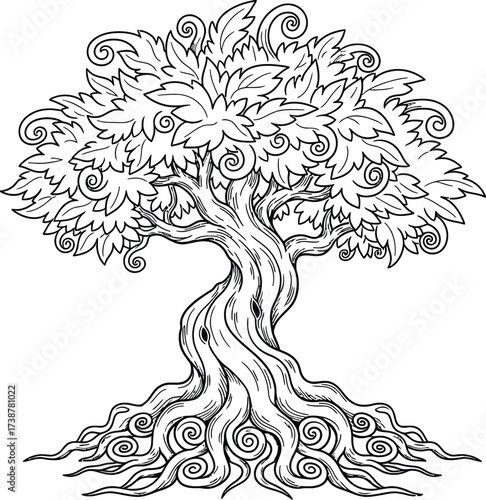 Detailed black and white drawing of a majestic tree with a thick twisted trunk and elaborate swirling branches and roots on a white background