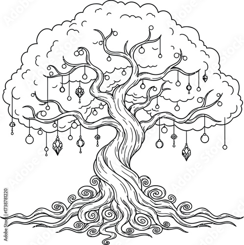 Whimsical Twisted Tree with Ornaments and Swirling Roots Black and White Line Art fantasy magical