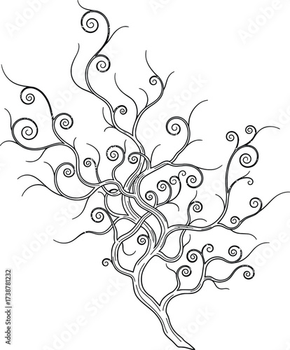 Intricate tangled branches with swirling tendrils in black line art on white background Keywords: branches, tree, nature, swirl, tangled, intricate, art, graphic, illustration, black and white