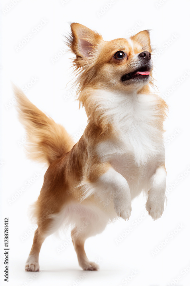 Fototapeta premium Small chihuahua dog standing on hind legs on white background 